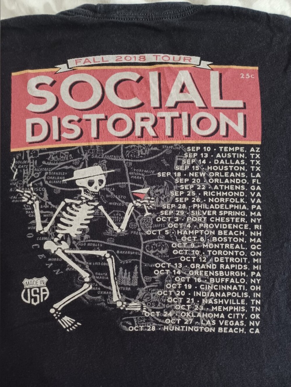 Social Distortion XL Fall 2018 Tour T- Shirt Black Skeleton